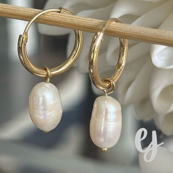 Camille Gold Tone Hoop Earrings with Cultured Baroque Pearls – 1” Drop - Picture 3 of 8
